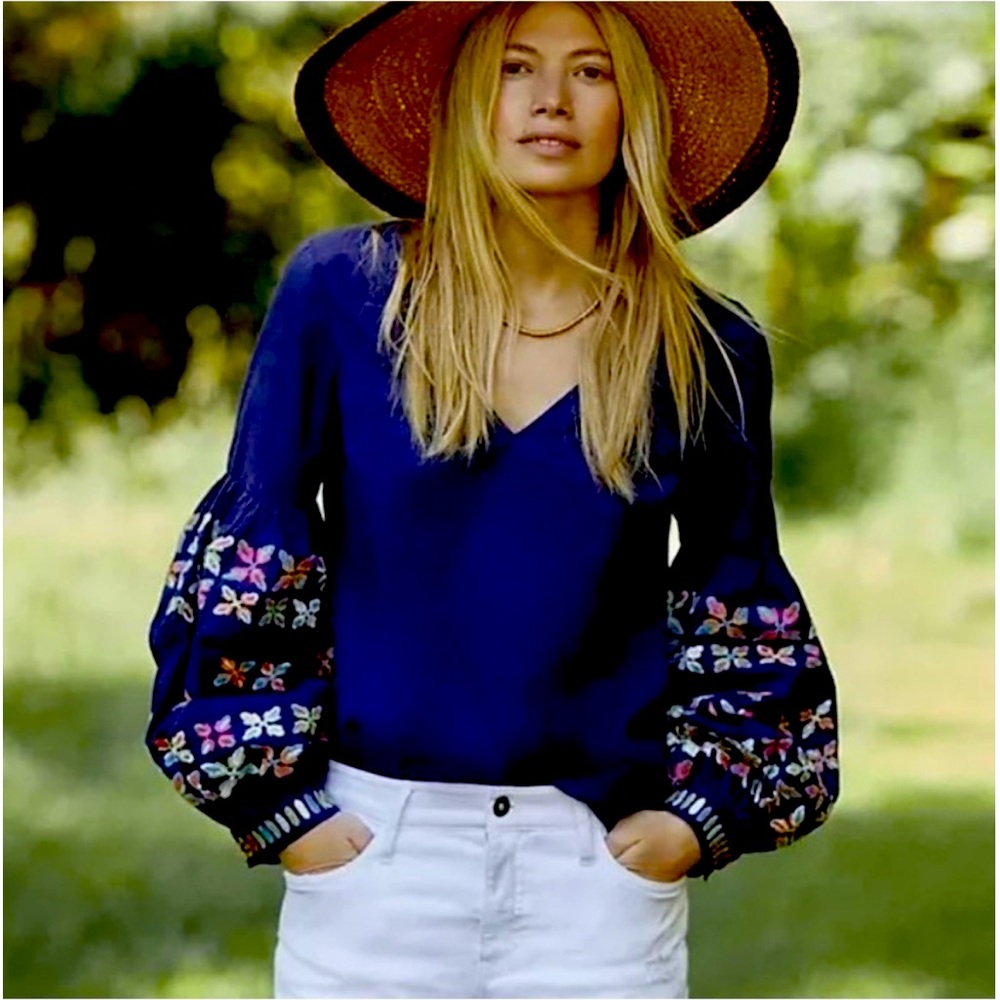 Anthropologie Maeve Sonja Embroidered Long Balloon Sleeve Blouse